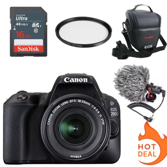 Canon EOS 200D with 18-55mm Lens + Bag + UV Filter + 16 GB Memory Card + BY-MM1 - Image 1