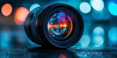 High-resolution camera lens reflecting vibrant blue and orange lights, showcasing a sleek and futuristic aesthetic.