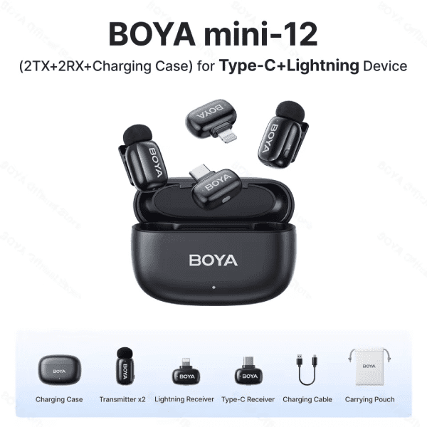 BOYA Mini 12 For ( Andriod Type C and I phone IOS ) Dual Wireless Microphone With Charging Case With 3 Year Warranty