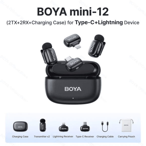BOYA Mini 12 For ( Andriod Type C and I phone IOS ) Dual Wireless Microphone With Charging Case With 3 Year Warranty